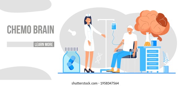 Chemo Gehirn-Konzept Vektor für medizinische Web, Landing-Seite. Chemotherapie und Onkologen Illustration. Arzt für Onkologie behandelt Patienten und bekämpft mit Krebs. Es werden intravenöse Flüssigkeiten, Chemotherapie-Tröpfe gezeigt.