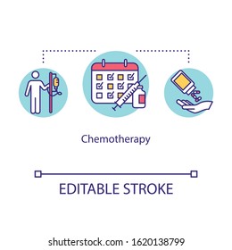 Chemotherapy Concept Icon. Cancer Treatment Idea Thin Line Illustration. Oncology Therapy. Medical Help. Pills And Medicine Dropper. Vector Isolated Outline RGB Color Drawing. Editable Stroke