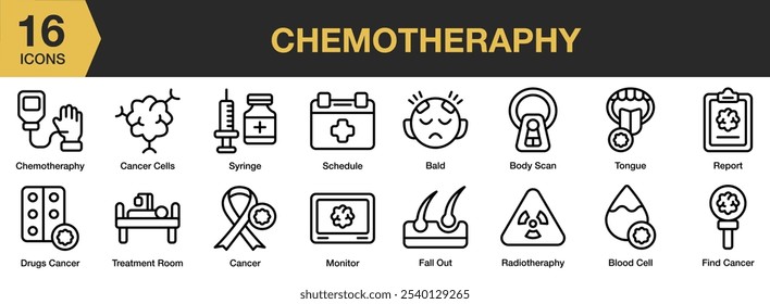 Conjunto de ícones de quimioterapia. Inclui careca, células sanguíneas, célula cancerosa, quimioterapia e muito mais. Contornar coleção de vetores de ícones.