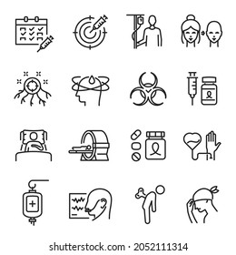 Chemotherapy linear icon set vector illustration. Collection medicines cancer treatment procedure isolated. Monochrome line radiotherapy, mri, schedule injection, baldness, medical help, metastases