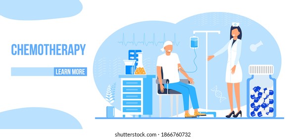 Cemoterapia y vector de concepto oncólogo para app, web, blog. Pequeños médicos oncológicos tratan a los pacientes y luchan contra el cáncer. Ilustración de la terapia de innovación. Fluidos IV, banner de quimioterapia.
