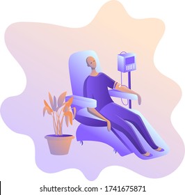 Chemotherapy and oncology disease concept. Oncology patient with intravenous dropper in hospital ward vector modern illustration. Cancer patient. Medical procedures. 