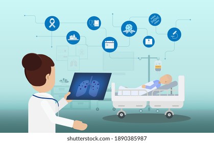 Chemotherapy room with doctor and icons flat design vector illustration
