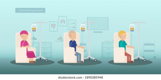 Chemotherapy room with group of patients flat design vector illustration