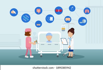 Chemotherapy room with patient and icons flat design vector illustration
