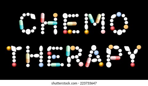 ChemoTherapy written with tablets, pills and capsules. Isolated vector illustration on black background.