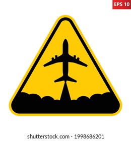 Señal de advertencia de Chemtrails. Ilustración vectorial de la señal del triángulo amarillo con el cielo que cruza el avión volador. Precaución de la contaminación del aire. Avión de pasajeros que deja un rastro de vapor. Concepto de transporte aéreo.