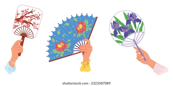 Chenese and Japanese hand fan. Vector illustration. A beauty geishfan, echo of dance from long ago A Chinese fan, canvas of legends painted in vivid hues A handheld fan, knight against kingdom of heat