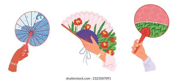 Chenese and Japanese hand fan. Vector illustration. A Chinese fan, operof ancient tales in vibrant colors A handheld fan, unsung melody of respite A hand fcarries fragrance of distant summers