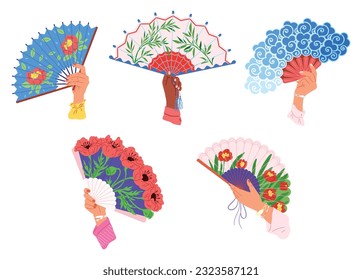 Chenese and Japanese hand fan. Vector illustration. A beauty geishfan, symbol of exquisite charm A Chinese fan, melody of colors echoing distant past A handheld fan, unsung harbinger of relief