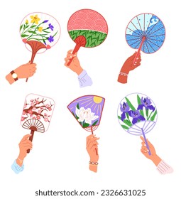 Chenese and Japanese hand fan. Vector illustration. A hand fan silent stories in afternoon air A Japanese funfolds like poetic universe A beauty geishfan, ballet of elegance in motion A Chinese