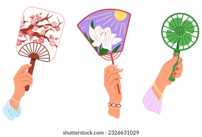 Chenese and Japanese hand fan. Vector illustration. A Chinese fan, sonnet of civilizations artistry A handheld fan, everyday hero in symphony of summer A hand fan, sail cruising on seof comfort