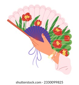Chenese and Japanese hand fan. Vector illustration. A Chinese fan captures landscape within its folds A handheld fan, quiet hero in face of summer heat A hand fan, architect of gentle breeze