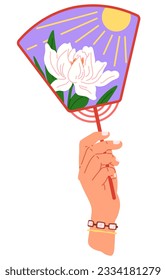 Chenese and Japanese hand fan. Vector illustration. A Chinese fan, illustrated scroll of history A handheld fan, steadfast companion in duel with heat A hand fan, gentle whisper of relief in afternoon