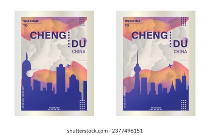 Chengdu China city poster pack with abstract skyline, cityscape, landmarks and attractions. Sichuan province travel vector illustration set for brochure, website, page, presentation