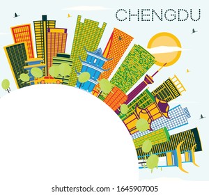 Chengdu China City Skyline with Color Buildings, Blue Sky and Copy Space. Vector Illustration. Business Travel and Tourism Concept with Modern Architecture. Chengdu Cityscape with Landmarks.