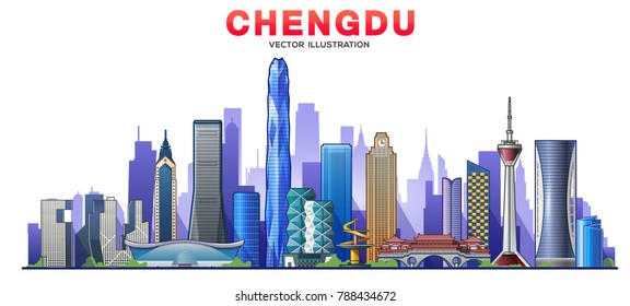 Chengdu, (China) city skyline vector illustration white background. Business travel and tourism concept with modern buildings. Image for presentation, banner, web site.