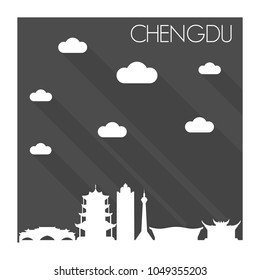 Chengdu China Skyline City Flat Silhouette Design Background.