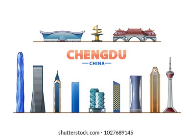 Chengdu China. Vector illustration. Most famous monument and buildings landmark.