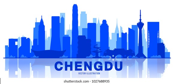 Chengdu city silhouette skyline on a white background (China) Flat vector illustration. Business travel and tourism concept with modern buildings. Image for banner or web site.