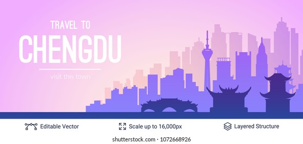 Chengdu famous China city scape. Flat well known silhouettes. Vector illustration easy to edit for flyers or web banners.