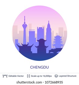 Chengdu famous China city scape. Flat well known silhouettes. Vector illustration easy to edit for flyers or web banners.