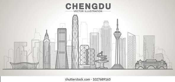 Chengdu line city skyline on a white background (China) Flat vector illustration. Business travel and tourism concept with modern buildings. Image for banner or web site.
