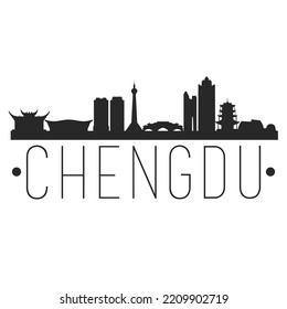 Chengdu, Sichuan, China City Skyline. Silhouette Illustration Clip Art. Travel Design Vector Landmark Famous Monuments.