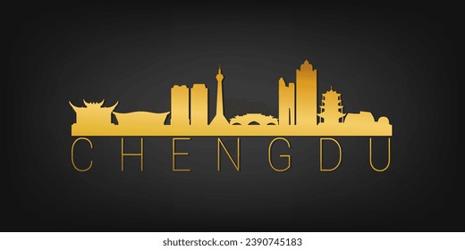 Chengdu, Sichuan, China Gold Skyline City Silhouette Vector. Golden Design Luxury Style Icon Symbols. Travel and Tourism Famous Buildings.
