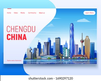 Chengdu skyline. China Vector illustration. Landing page template.