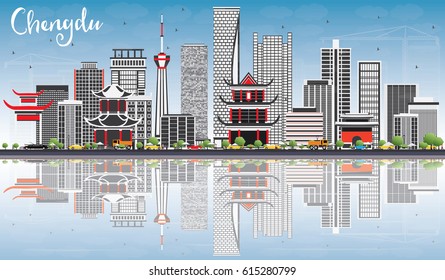 Chengdu Skyline with Gray Buildings, Blue Sky and Reflections. Vector Illustration. Business Travel and Tourism Concept with Modern Architecture. Image for Presentation Banner Placard and Web Site.