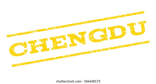 Chengdu watermark stamp. Text caption between parallel lines with grunge design style. Rubber seal stamp with scratched texture. Vector yellow color ink imprint on a white background.