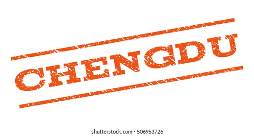 Chengdu watermark stamp. Text caption between parallel lines with grunge design style. Rubber seal stamp with scratched texture. Vector orange color ink imprint on a white background.
