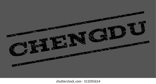 Chengdu watermark stamp. Text caption between parallel lines with grunge design style. Rubber seal stamp with unclean texture. Vector black color ink imprint on a gray background.