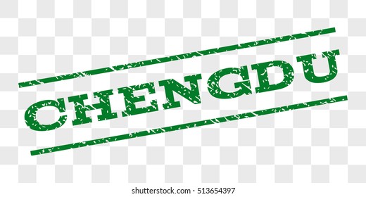 Chengdu watermark stamp. Text caption between parallel lines with grunge design style. Rubber seal stamp with dirty texture. Vector green color ink imprint on a chess transparent background.