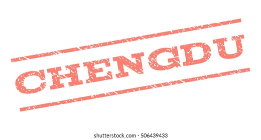 Chengdu watermark stamp. Text tag between parallel lines with grunge design style. Rubber seal stamp with unclean texture. Vector salmon color ink imprint on a white background.