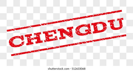 Chengdu watermark stamp. Text tag between parallel lines with grunge design style. Rubber seal stamp with dirty texture. Vector red color ink imprint on a chess transparent background.