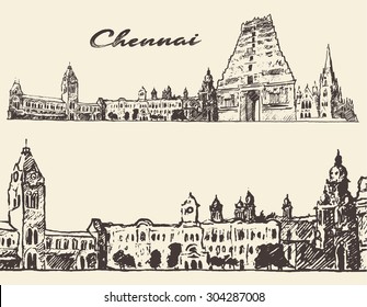 Chennai, Big City Architecture, Vintage Engraved Illustration, Hand Drawn, Sketch