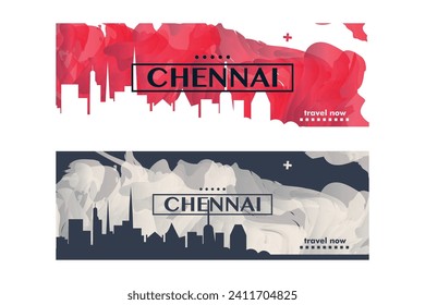 Chennai city banner pack with abstract shapes of skyline, cityscape, landmark. India, Tamil Nadu travel vector horizontal illustration layout for brochure, website, page, presentation, header, footer