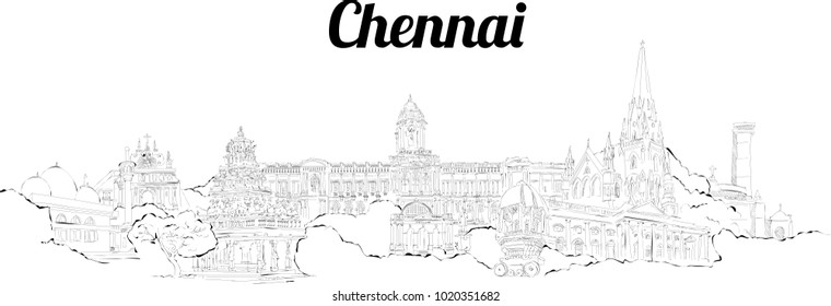 CHENNAI city hand drawing panoramic illustration artwork