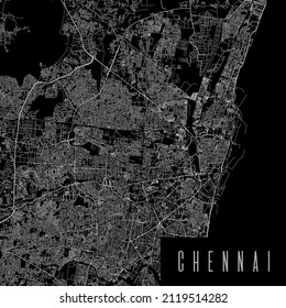 Chennai city province vector map poster. India municipality square linear road map, administrative municipal area, white lines on black background, with title.