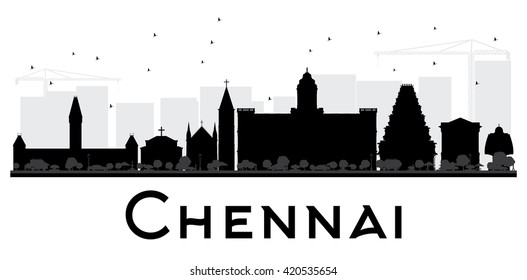 Chennai City Skyline Black And White Silhouette. Vector Illustration. Simple Flat Concept For Tourism Presentation, Banner, Placard Or Web Site. Business Travel Concept. Isolated Chennai