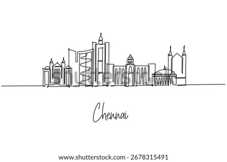 Chennai city skyline shown as a continuous line drawing, a concept with Tamil Nadu theme highlighting Marina Beach, Kapaleeshwarar Temple, Fort St George and Santhome Basilica in clean minimal lines.

