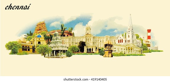 CHENNAI city water color panoramic vector illustration