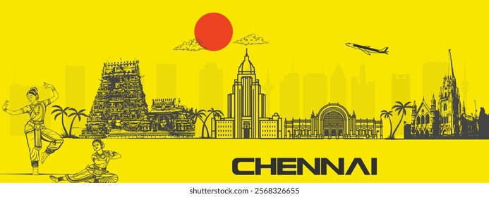 Chennai Cityscape Vector Featuring Kapaleeshwarar Temple and Railway Station