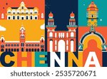 Chennai culture travel set, Indian famous architectures and specialties in flat design. Business travel and tourism concept clipart. Image for presentation, banner, website, advert, flyer, roadmap