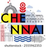 Chennai culture travel set, Indian famous architectures and specialties in flat design. Business travel and tourism concept clipart. Image for presentation, banner, website, advert, flyer, roadmap