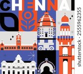 Chennai culture travel set, Indian famous architectures and specialties in flat design. Business travel and tourism concept clipart. Image for presentation, banner, website, advert, flyer, roadmap