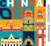 Chennai culture travel set, Indian famous architectures and specialties in flat design. Business travel and tourism concept clipart. Image for presentation, banner, website, advert, flyer, roadmap