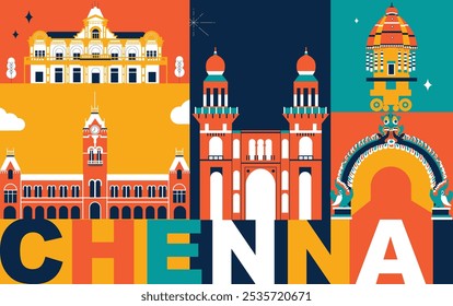 Chennai culture travel set, Indian famous architectures and specialties in flat design. Business travel and tourism concept clipart. Image for presentation, banner, website, advert, flyer, roadmap